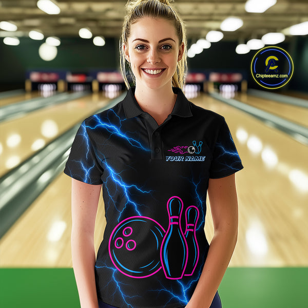 Blue lightning thunder pink neon Bowling Polo, Quarter Zip Shirt For Women Custom Bowling Team Jersey NQS10181