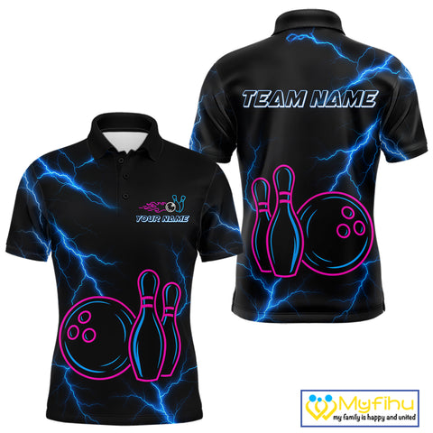 Blue lightning thunder pink neon Bowling Polo, Quarter Zip Shirts For Men Custom Bowling Team Jersey NQS10181