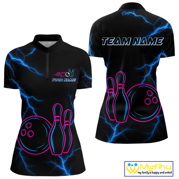 Blue lightning thunder pink neon Bowling Polo, Quarter Zip Shirt For Women Custom Bowling Team Jersey NQS10181