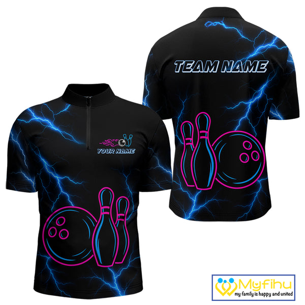 Blue lightning thunder pink neon Bowling Polo, Quarter Zip Shirts For Men Custom Bowling Team Jersey NQS10181