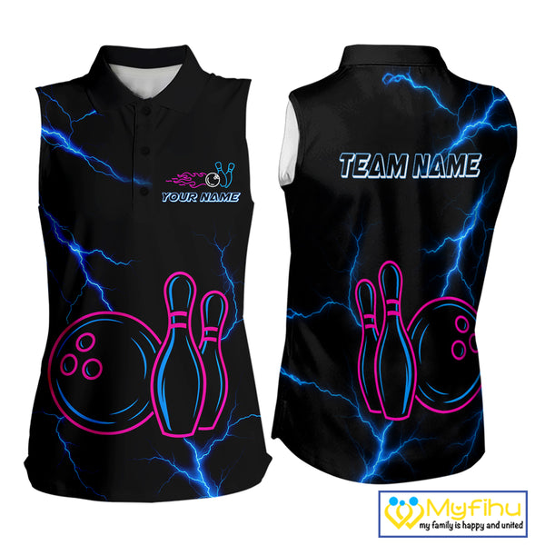 Blue lightning thunder pink neon Bowling sleeveless Polo shirt Custom Bowling Team Jerseys NQS10181