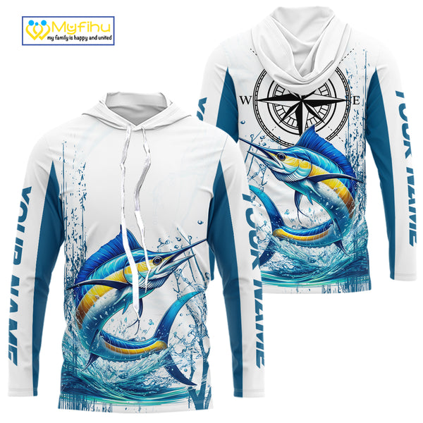 Blue and White Marlin fishing compass Custom name sun protection Marlin fishing tournament shirts NQS10581