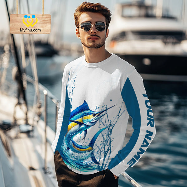 Blue and White Marlin fishing compass Custom name sun protection Marlin fishing tournament shirts NQS10581