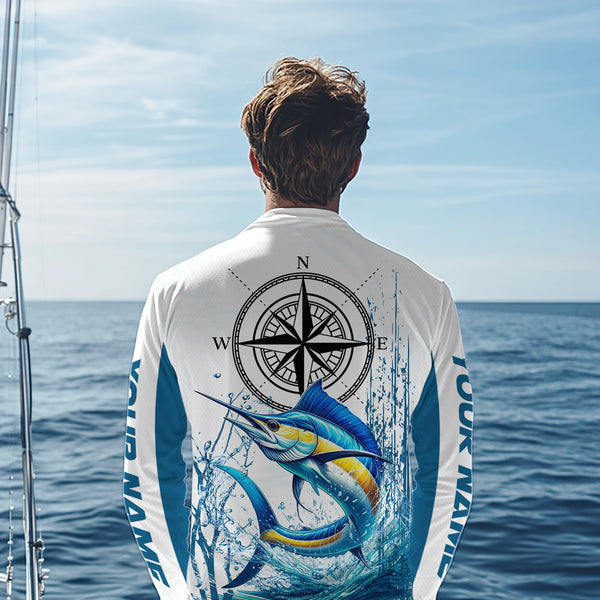 Blue and White Marlin fishing compass Custom name sun protection Marlin fishing tournament shirts NQS10581