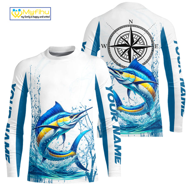 Blue and White Marlin fishing compass Custom name sun protection Marlin fishing tournament shirts NQS10581