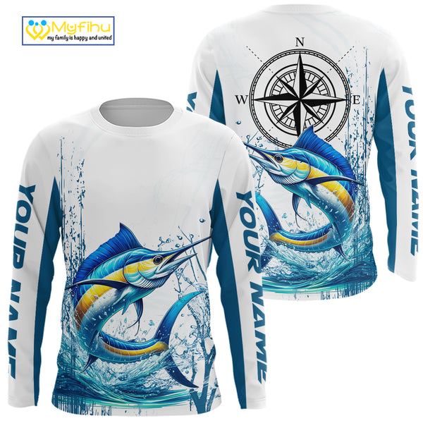 Blue and White Marlin fishing compass Custom name sun protection Marlin fishing tournament shirts NQS10581