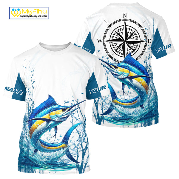 Blue and White Marlin fishing compass Custom name sun protection Marlin fishing tournament shirts NQS10581