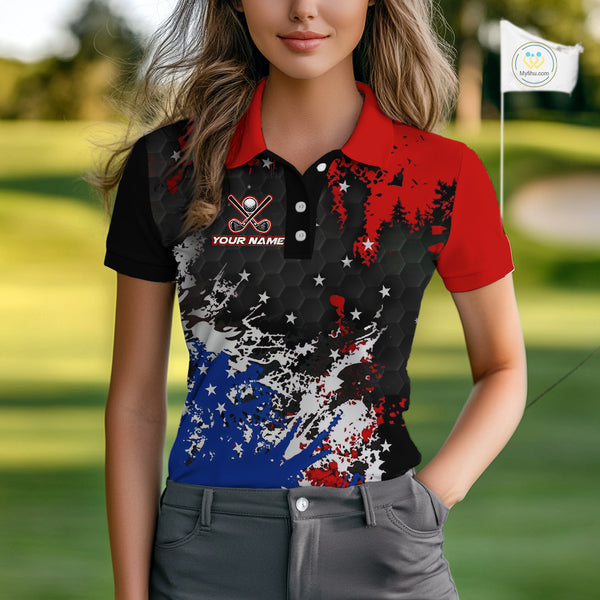 Red, White and Blue Golf Polo shirts for Women Custom Patriotic Gift For Golfers, Ladies golf outfit NQS10590