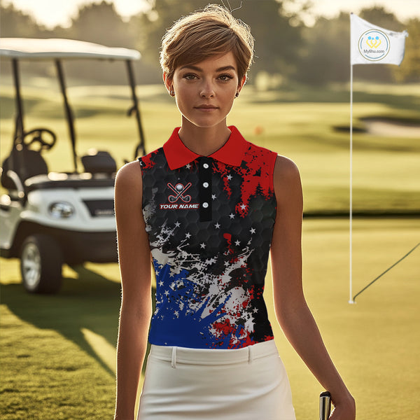 Red, White and Blue Women Sleeveless polo shirt Custom Patriotic Gift For Golfers, Ladies golf outfit NQS10590