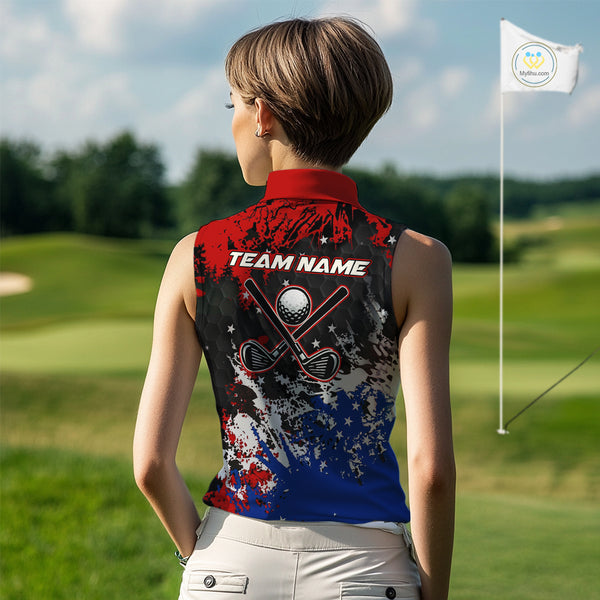 Red, White and Blue Women Sleeveless polo shirt Custom Patriotic Gift For Golfers, Ladies golf outfit NQS10590