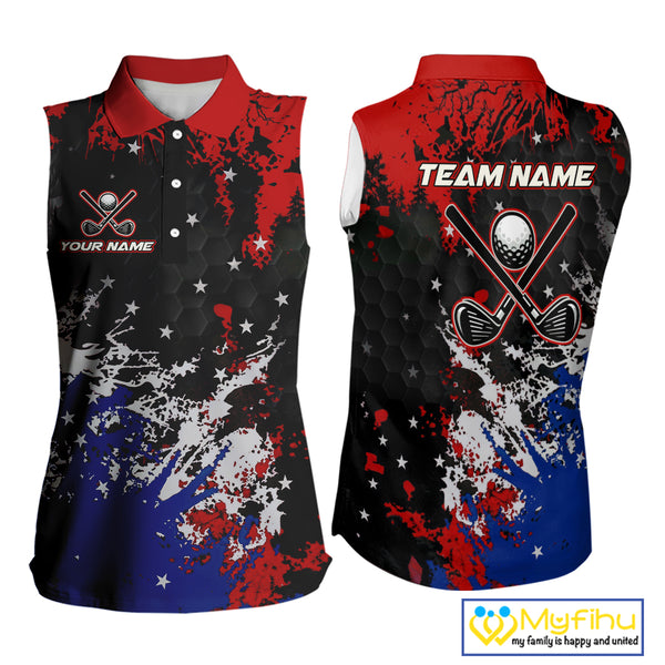 Red, White and Blue Women Sleeveless polo shirt Custom Patriotic Gift For Golfers, Ladies golf outfit NQS10590