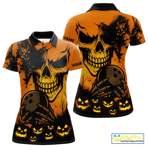 Custom Skull Bowling Jerseys For Women Bowling Team Polo, Quarter Zip Shirts Halloween Outfits NQS10618