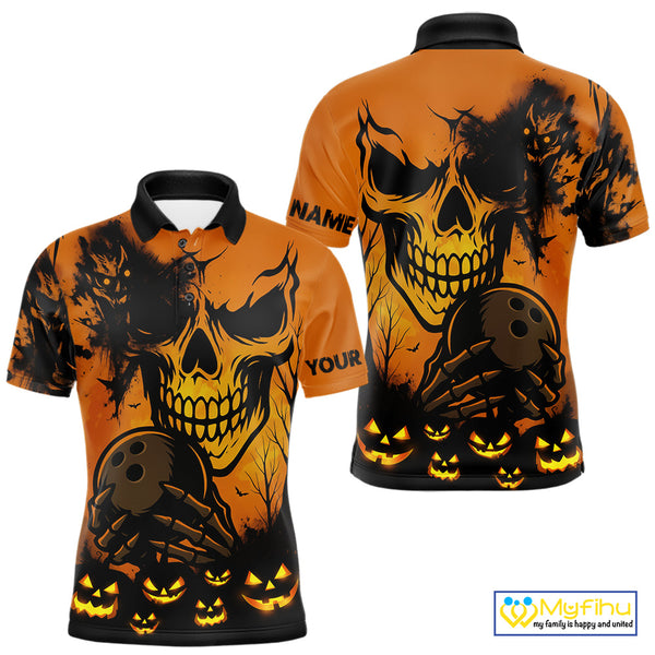 Custom Skull Bowling Jerseys For Men Bowling Team Polo, Quarter Zip Shirts Halloween Outfits NQS10618