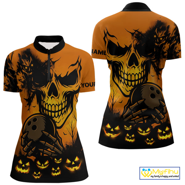 Custom Skull Bowling Jerseys For Women Bowling Team Polo, Quarter Zip Shirts Halloween Outfits NQS10618