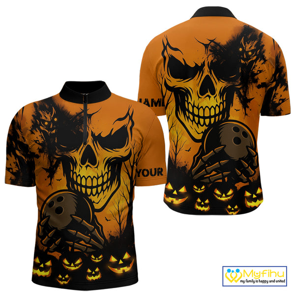 Custom Skull Bowling Jerseys For Men Bowling Team Polo, Quarter Zip Shirts Halloween Outfits NQS10618