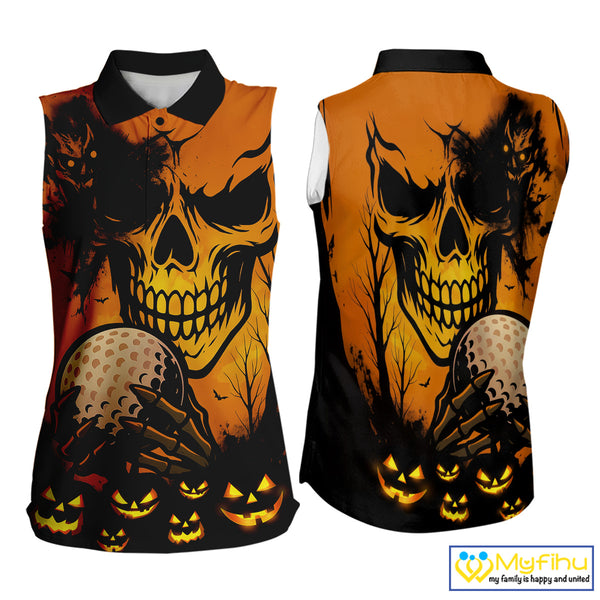 Skull Women's Sleeveless Polo Shirt Halloween Golf Outfits, Halloween golf gifts NQS10619