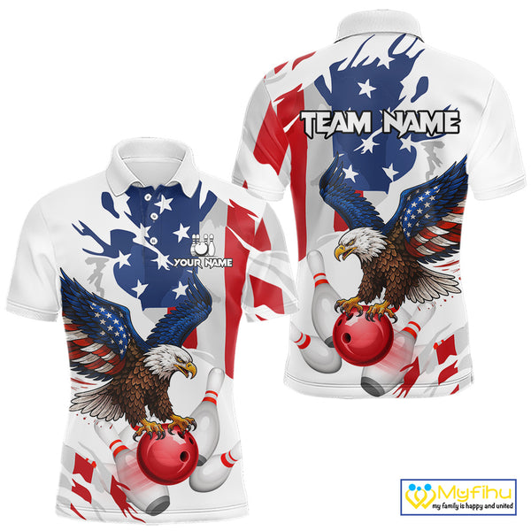 Red, White and Blue American Flag Eagle Bowling Shirts For Men Custom Patriotic Bowling Team Jerseys NQS10639