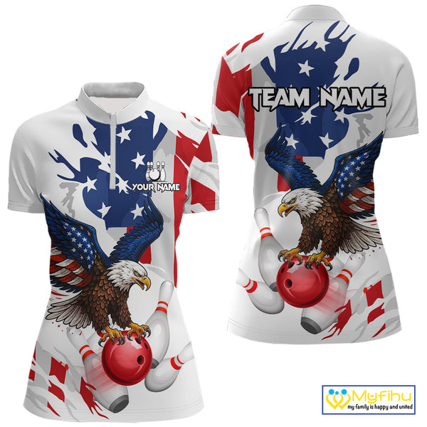 Red, White and Blue American Flag Eagle Bowling Shirts For Women Custom Patriotic Bowling Team Jersey NQS10639