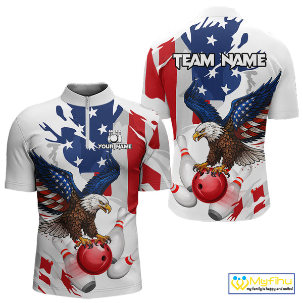 Red, White and Blue American Flag Eagle Bowling Shirts For Men Custom Patriotic Bowling Team Jerseys NQS10639