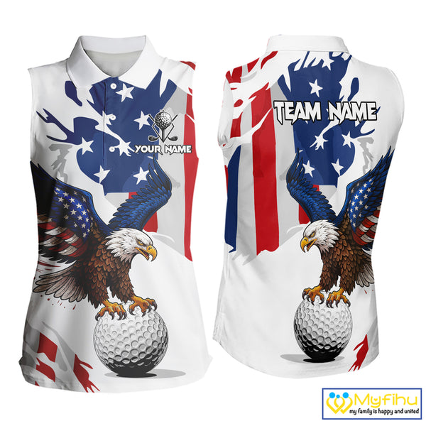 Red, White & Blue American Flag Eagle Women Sleeveless Polo Shirt Custom Patriotic Ladies Golf attire NQS10640