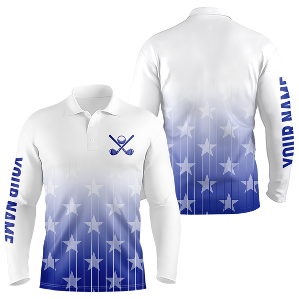 Personalized blue stars pattern white golf polos shirts for men custom gifts for the golfer NQS9965