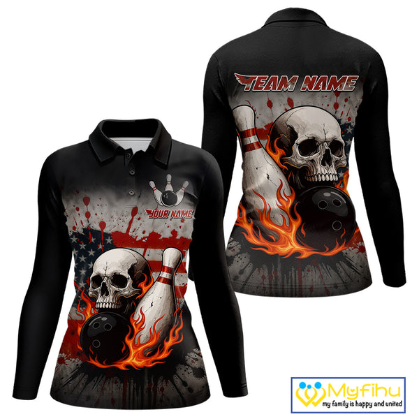 Personalized American Flag Flame Skull Bowling Shirts For Women Custom Patriotic Bowling Team Jersey NQS10462