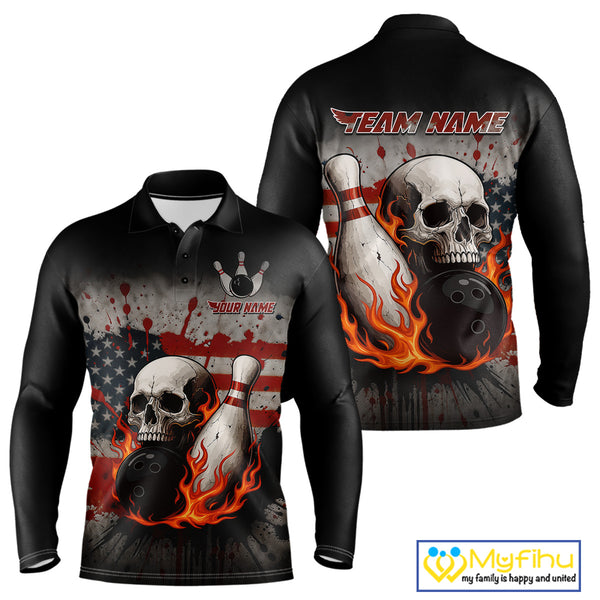 Personalized American Flag Flame Skull Bowling Shirts For Men Custom Patriotic Bowling Team Jersey NQS10462