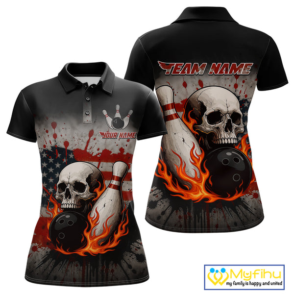 Personalized American Flag Flame Skull Bowling Shirts For Women Custom Patriotic Bowling Team Jersey NQS10462