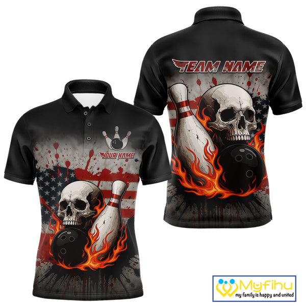 Personalized American Flag Flame Skull Bowling Shirts For Men Custom Patriotic Bowling Team Jersey NQS10462
