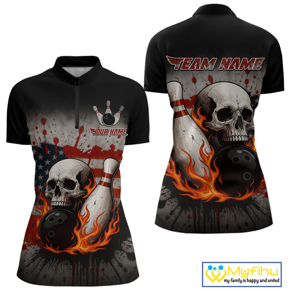 Personalized American Flag Flame Skull Bowling Shirts For Women Custom Patriotic Bowling Team Jersey NQS10462