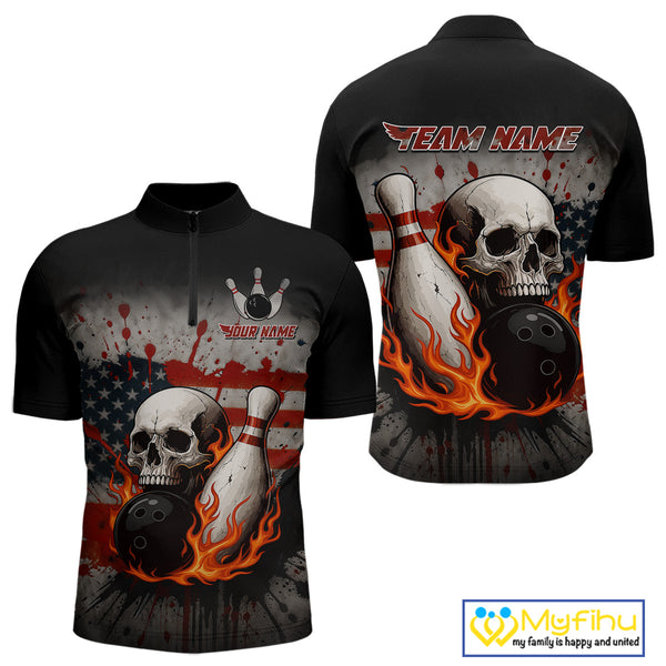 Personalized American Flag Flame Skull Bowling Shirts For Men Custom Patriotic Bowling Team Jersey NQS10462