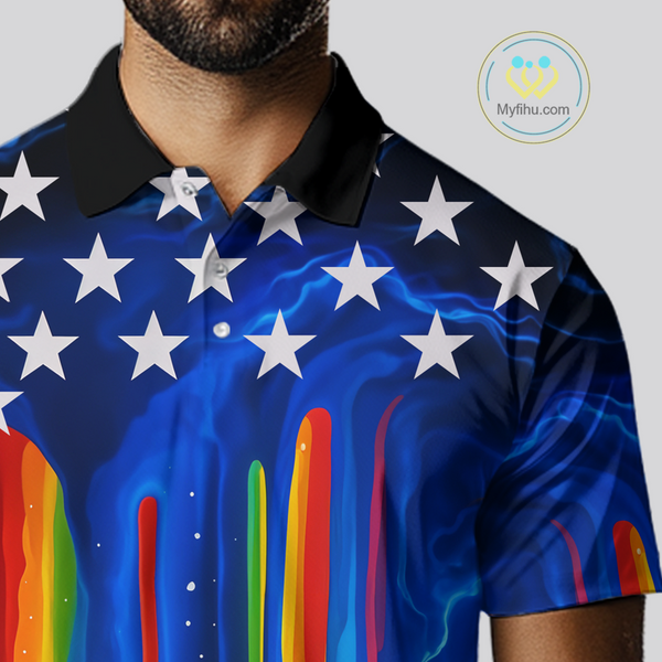 Blue lightning thunder rainbow American Flag Men golf polo shirts Custom patriotic mens golf outfit NQS10154