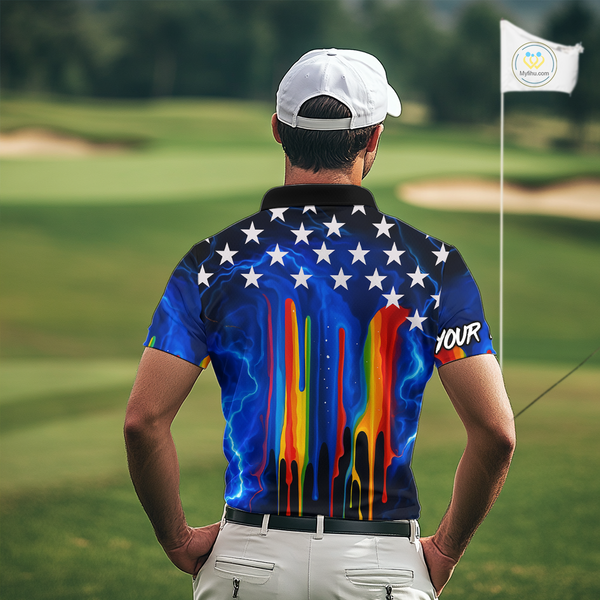 Blue lightning thunder rainbow American Flag Men golf polo shirts Custom patriotic mens golf outfit NQS10154