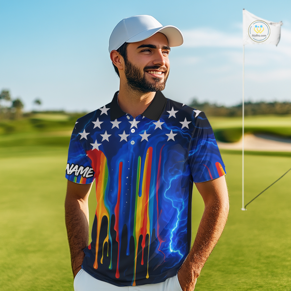Blue lightning thunder rainbow American Flag Men golf polo shirts Custom patriotic mens golf outfit NQS10154