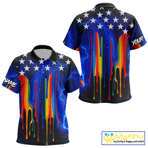 Blue lightning thunder rainbow American Flag Kid golf polo shirt Custom patriotic kid golf outfit NQS10154