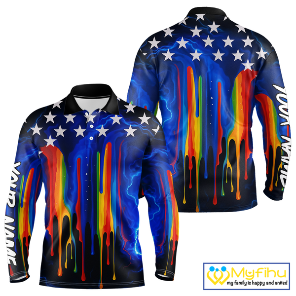 Blue lightning thunder rainbow American Flag Men golf polo shirts Custom patriotic mens golf outfit NQS10154