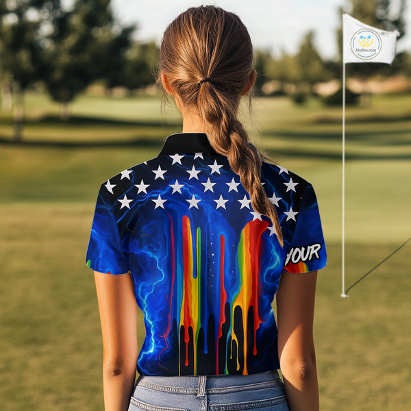 Blue lightning thunder rainbow American Flag Women golf polos Custom patriotic ladies golf outfit NQS10154