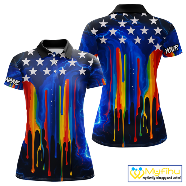 Blue lightning thunder rainbow American Flag Women golf polos Custom patriotic ladies golf outfit NQS10154