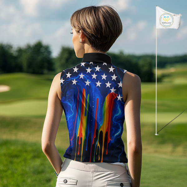 Blue lightning thunder rainbow American Flag Women sleeveless polo shirt, patriotic golf outfit NQS10154
