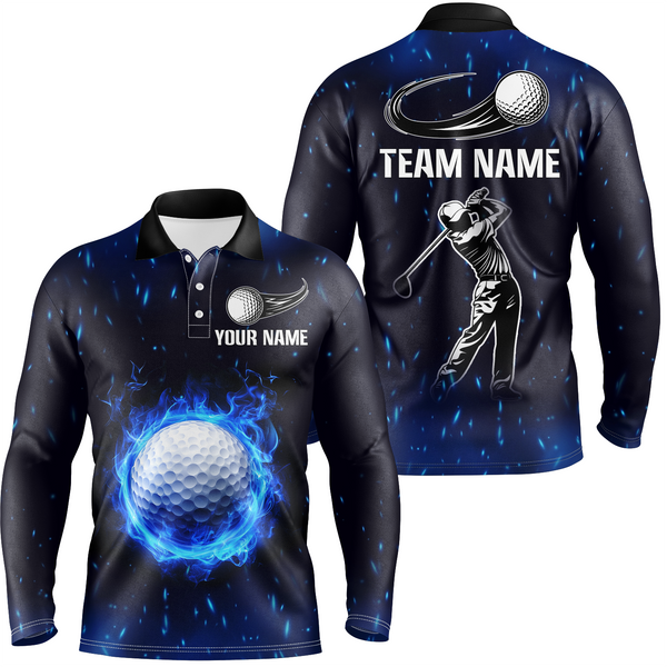 Blue Flame Golf Ball Mens Golf Polo Shirt custom team mens golf apparel, golf gifts for men NQS9244