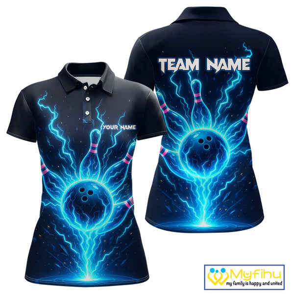 Blue Lightning Thunder Bowling Polo, Quarter Zip Shirts for Women Custom Team Bowling Shirts NQS10520