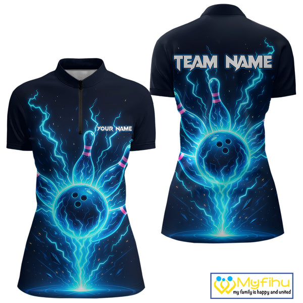 Blue Lightning Thunder Bowling Polo, Quarter Zip Shirts for Women Custom Team Bowling Shirts NQS10520