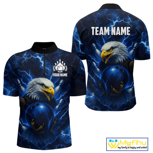 Mens bowling shirts Custom Eagle blue lightning thunder Bowling Team Jersey, gift for Bowlers NQS10336