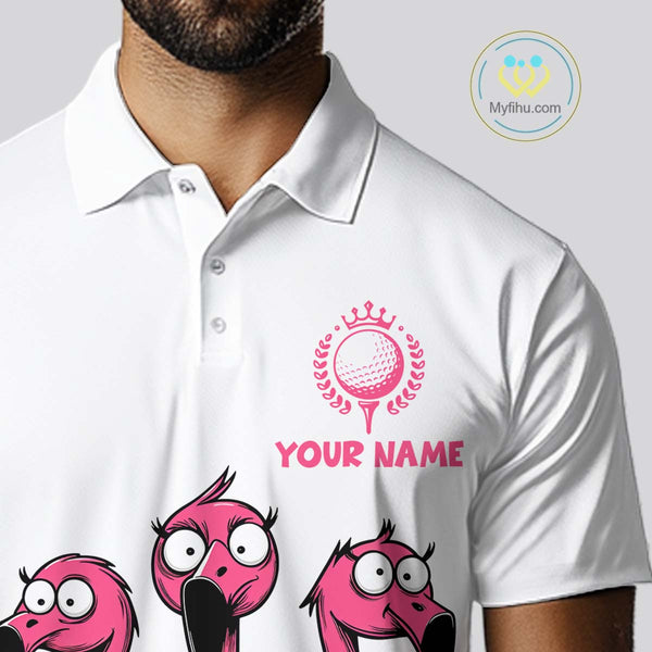 Funny pink flamingo friends white Men golf polo shirts Custom flamingo golf outfits for men NQS10201