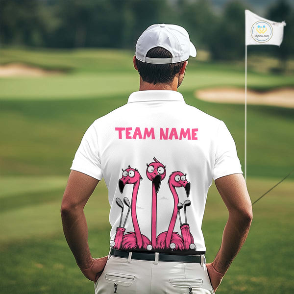 Funny pink flamingo friends white Men golf polo shirts Custom flamingo golf outfits for men NQS10201