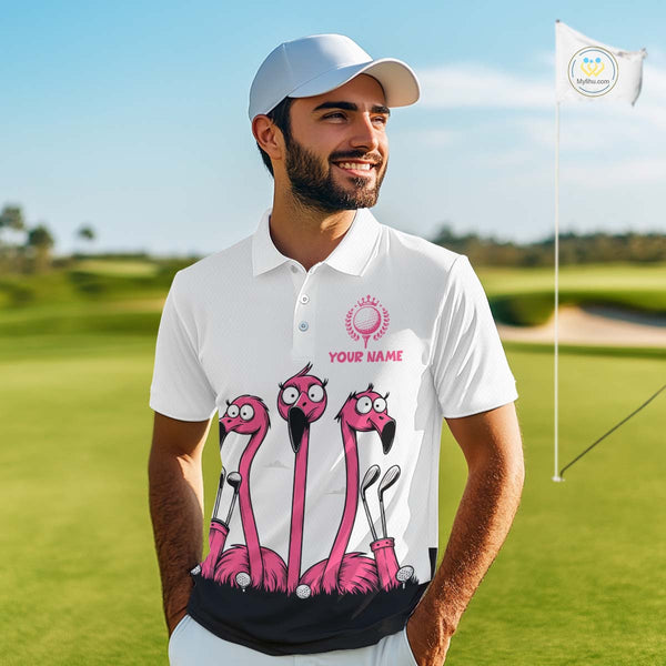 Funny pink flamingo friends white Men golf polo shirts Custom flamingo golf outfits for men NQS10201