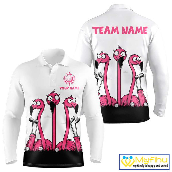 Funny pink flamingo friends white Men golf polo shirts Custom flamingo golf outfits for men NQS10201