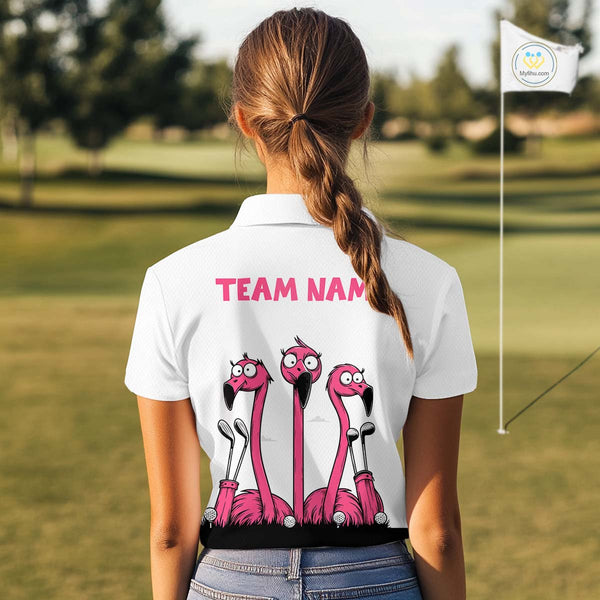 Funny pink flamingo friends white Women golf polo shirts Custom flamingo golf outfits for ladies NQS10201