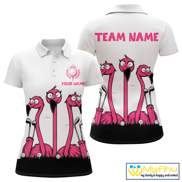 Funny pink flamingo friends white Women golf polo shirts Custom flamingo golf outfits for ladies NQS10201