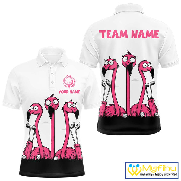 Funny pink flamingo friends white Men golf polo shirts Custom flamingo golf outfits for men NQS10201